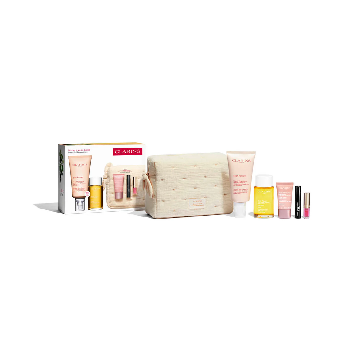 Maternity Set Clarins: Multi Active Jour, Age-Defying, Day, Cream, For Face, 15 ml + Body Partner, Anti-Stretch Marks, Body Cream, Body, 175 ml + Wonder Volume, Volumising, Mascara, Black, 3 ml *Miniature + Tonic, Firming, Body Oil, 100 ml + Lip Confort,