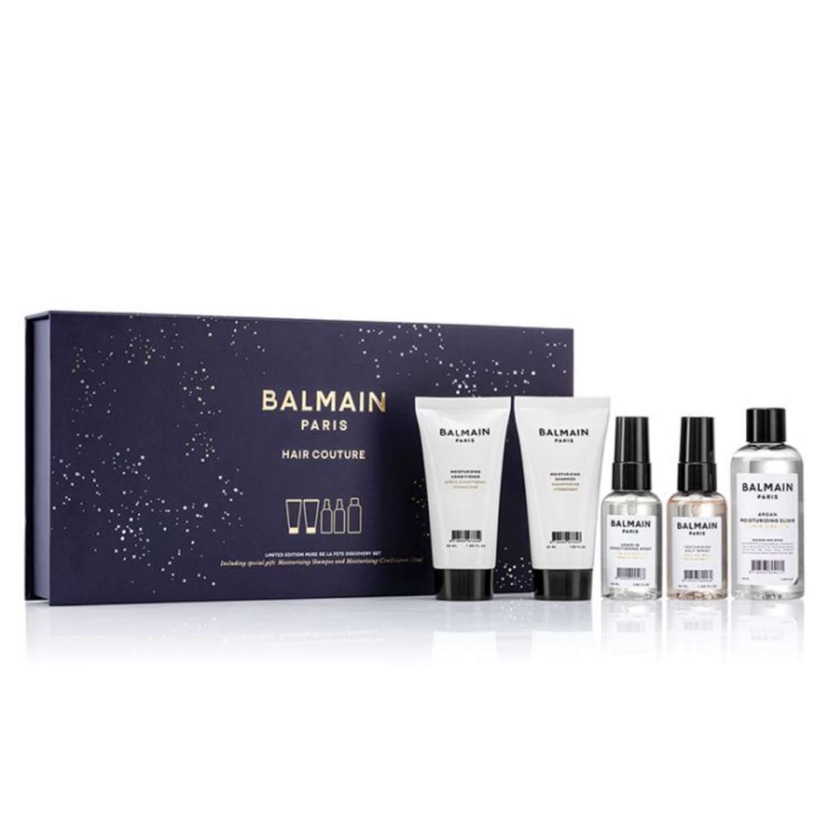 Set Balmain Professionnel: Moisturizing, Hair Shampoo, For Hydration, 50 ml + Moisturizing, Hair Conditioner, For Hydration, 50 ml + Balmain Professionnel, Salt Spray, For Definition & Texture, Light Hold, 50 ml + Argan Moisturising Elixir, Hair Oil, For
