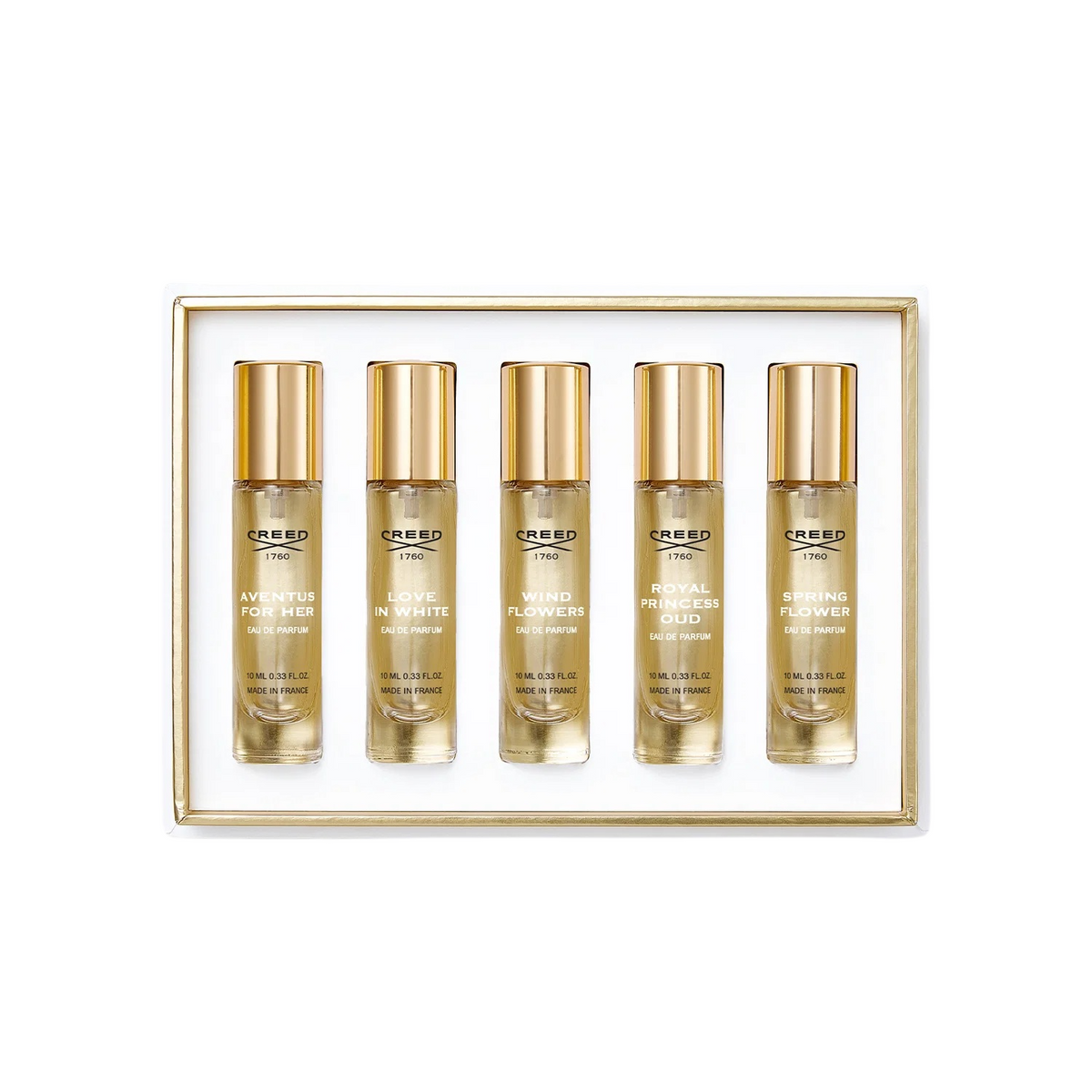 Creed Set: Aventus, Eau de Parfum, für Damen, 10 ml + Love in White, Eau de Parfum, für Damen, 10 ml + Wind Flowers, Eau de Parfum, für Damen, 10 ml + Royal Princess Oud, Eau de Parfum, für Damen, 10 ml + Spring Flower, Eau de Parfum, für Damen, 10 ml