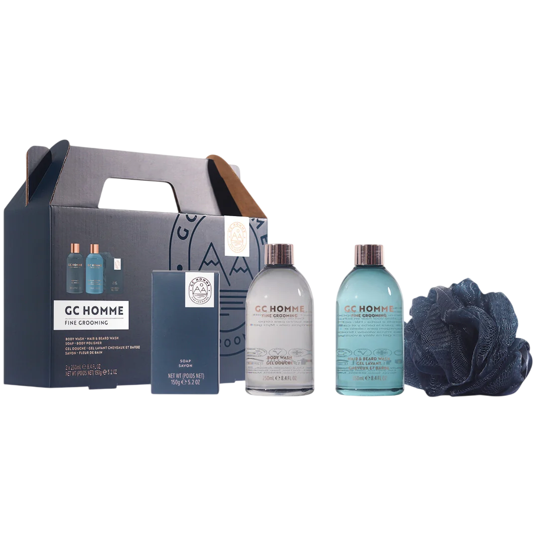 Set The Luxury Bathing Company: GC Homme, Relaxes & Relieves Tension, Body Wash, 250 ml + GC Homme, Citrus & Aromatic, Shower Gel & Shampoo 2-In-1, 250 ml + GC Homme, Cleansing & Moisturising, Scented Soap Bar, 150 g + GC Homme, Cleanse & Scrub, Body Spon