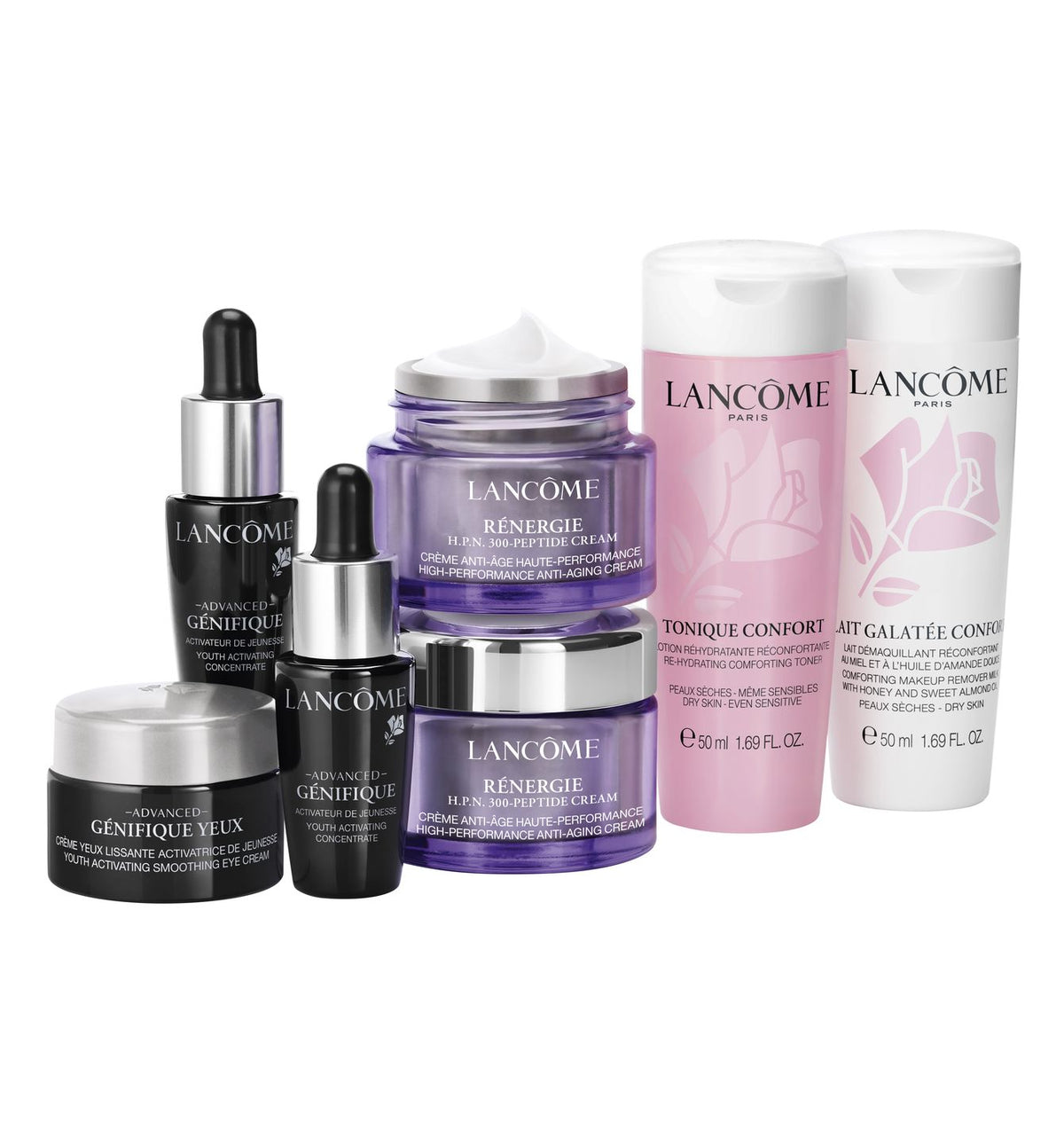 Set Lancome: Renergie HPN 300-Peptide, Anti-Aging, Daily, Cream, For Face, 2 pcs, 15 ml + Advanced Genifique, Anti-Aging, Serum, For Face, 2 pcs, 7 ml *Miniature + Advanced Genifique, Hydration, Eye Cream, 5 ml + Galatée Confort, Free of allergens, Makeup