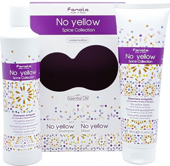 Set Fanola: No Yellow Spice Collection, Hair Treatment Cream Mask, For Neutralisation Of Yellow Tones, 300 ml + No Yellow Spice Collection, Hair Shampoo, For Neutralisation Of Yellow Tones, 350 ml