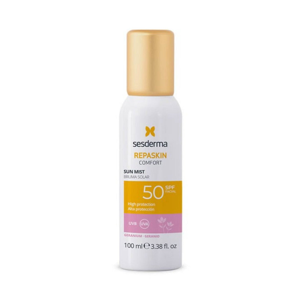 Sesderma, Repaskin Confort, Geranium, schützend, vor dem Sonnenbad, Spray, für das Gesicht, LSF 50, 100 ml