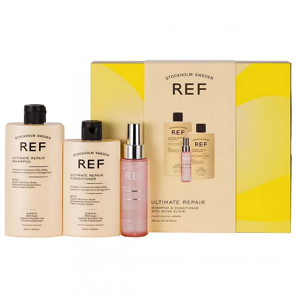 Geschenkset Ref Stockholm: Ultimate Repair, sulfatfrei, Haarshampoo, reparierend & stärkend, 285 ml + Ultimate Repair, sulfatfrei, Haarspülung, für Feuchtigkeit/Entwirrung & Glanz, 245 ml + Shine Elixir, Haarserum, geschmeidig machend, 80 ml