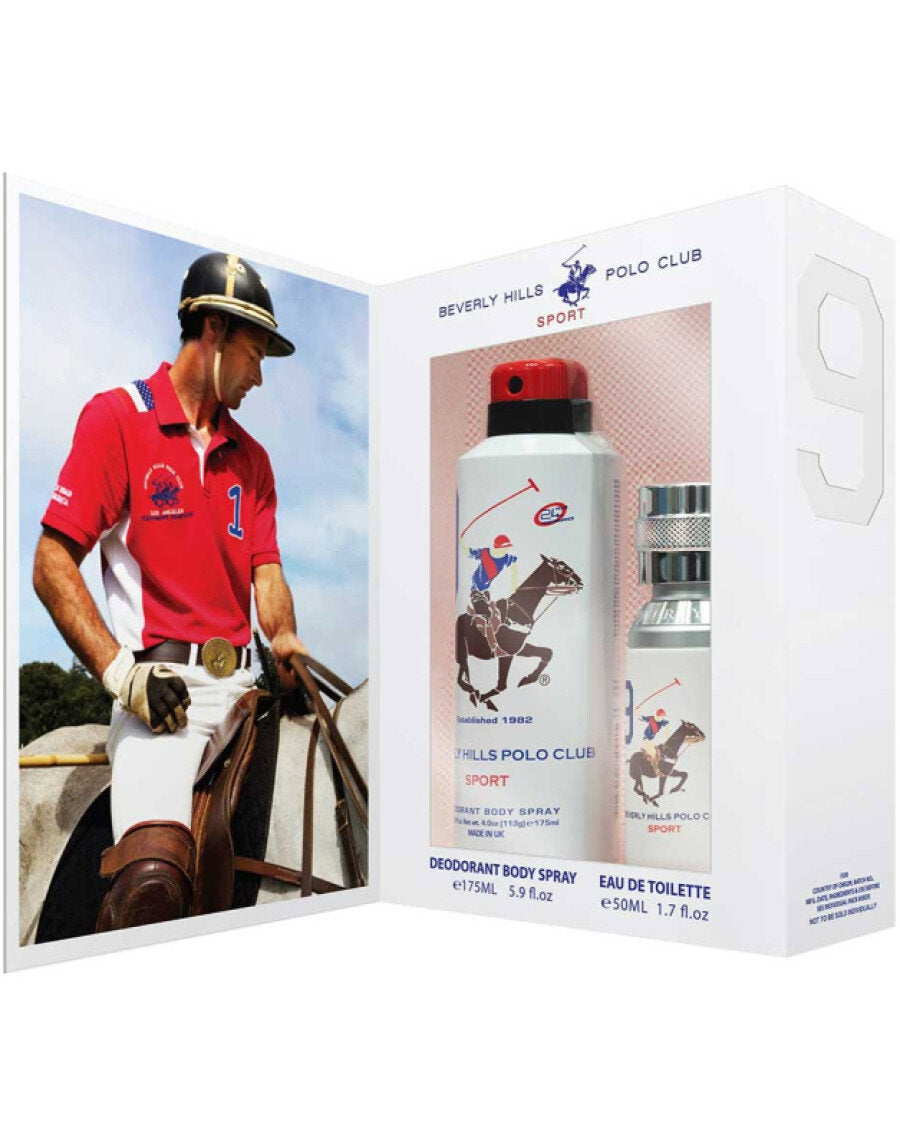 Geschenkset Beverly Hills Polo Club: 1982 - Sport 8, Eau de Toilette, für Herren, 50 ml + 1982 - Sport 9, Antitranspirant, Deospray, für Damen, 150 ml