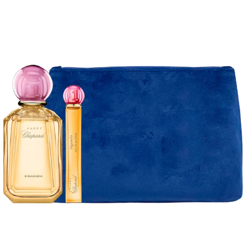 Luxury Naturals Perfumery Set Chopard: Happy Bigaradia, Eau De Parfum, For Women, 100 ml + Happy Bigaradia, Eau De Parfum, For Women, 10 ml + Chopard, Synthetic Leather, Textile Bag, Trouse Pouche, Blue, For Women, 2.4 x 9 x 6.2 cm