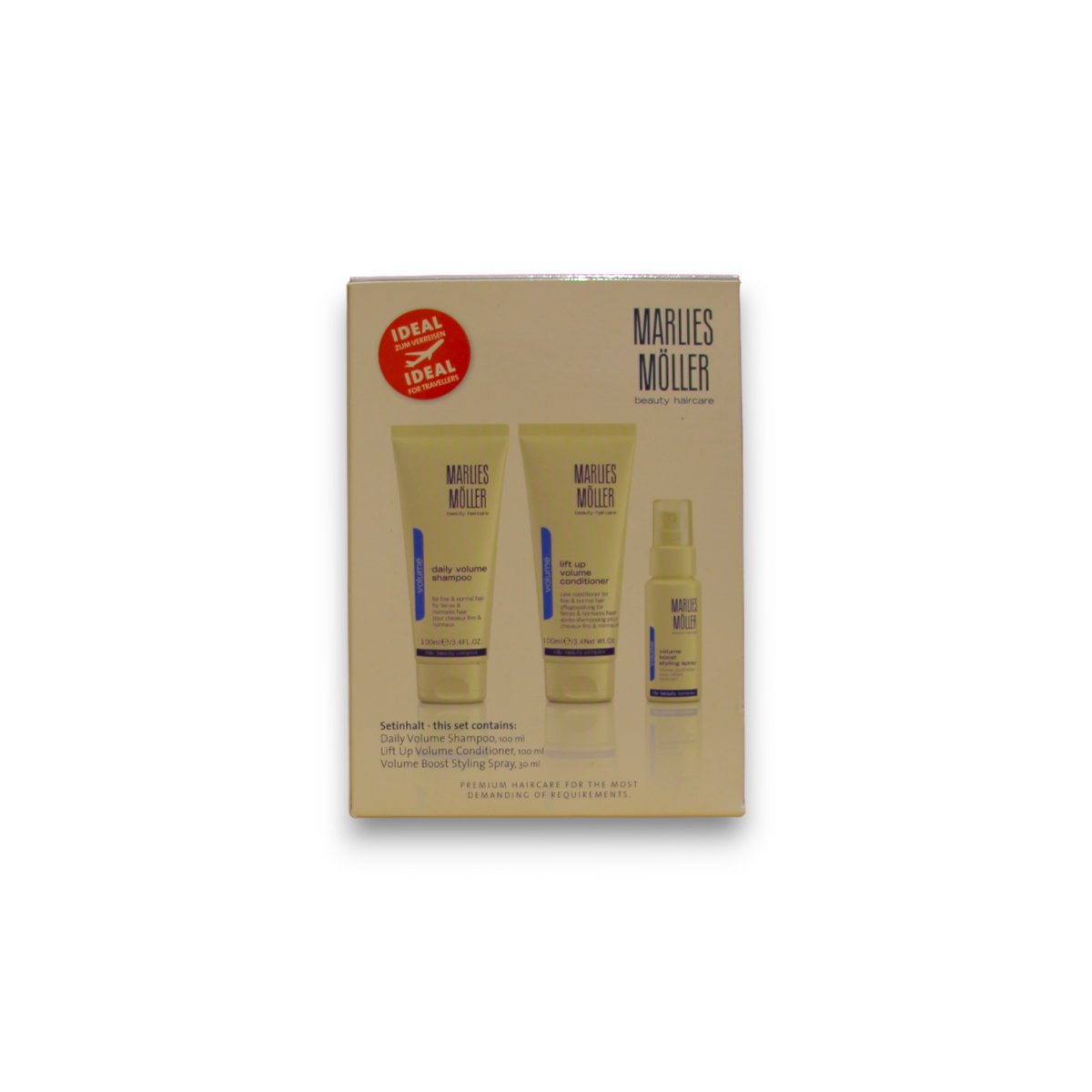 Perfect Volume Set Marlies Möller: Daily Volume, Haarshampoo, 100 ml + Lift-Up, Haarspülung, für Volumen, 100 ml + Volume, Haarspray, für das Styling, 30 ml