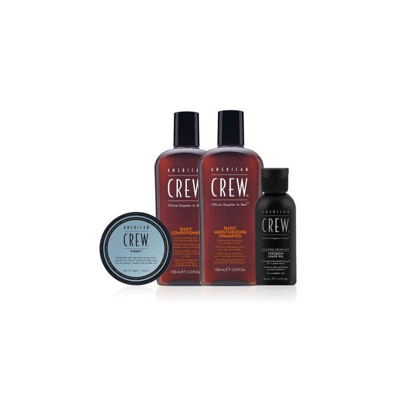 American Crew Essential Set: Daily, Haarspülung, feuchtigkeitsspendend, 100 ml + Daily, Haarshampoo, feuchtigkeitsspendend, 100 ml + Fiber, Haarstyling-Pomade, für Styling, starker Halt, 50 ml + Precision, beruhigendes Rasiergel, 50 ml
