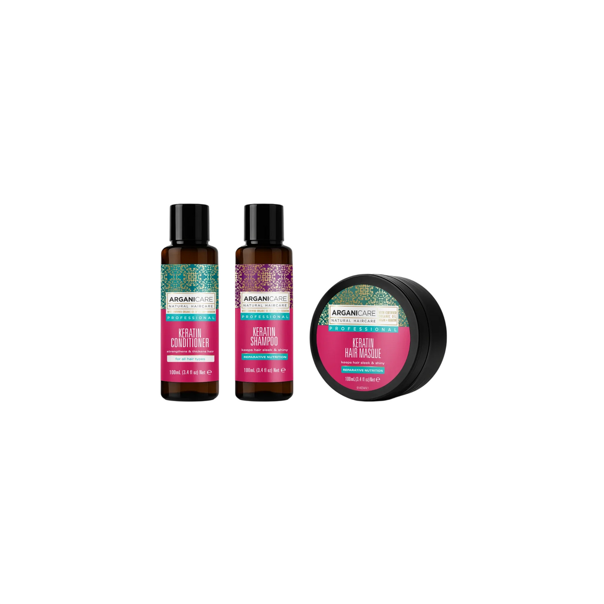 Arganicare Set: Keratin, Haarspülung, nährend & stärkend, 100 ml + Keratin, Haarshampoo, reparierend & nährend, 100 ml + Keratin, Haar-Behandlungscreme-Maske, nährend & reparierend, 100 ml