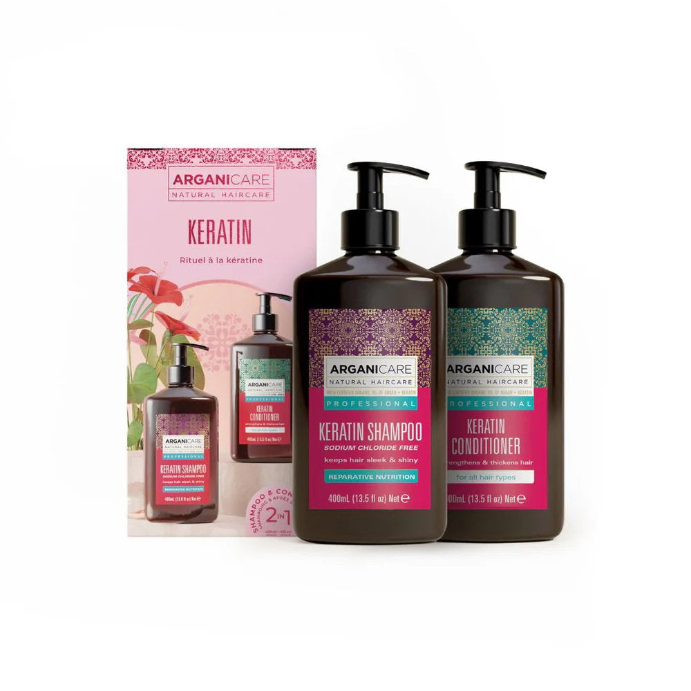 Arganicare Set: Keratin, Haar-Leave-in-Conditioner, glänzend, 400 ml + Keratin, Haarshampoo, reparierend & pflegend, 400 ml
