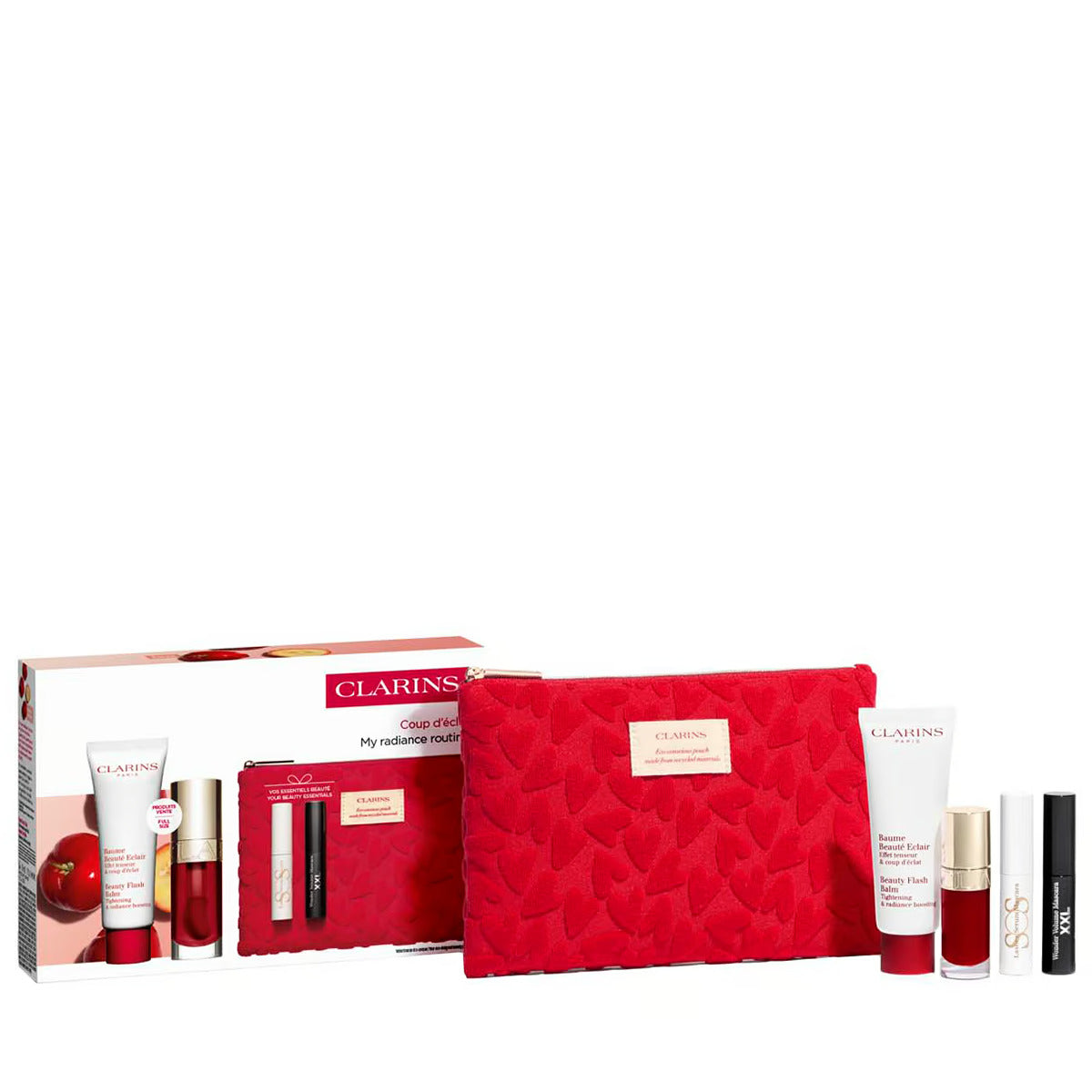 Clarins Set: Beauty Flash, Revitalisierender Balsam, Gesicht, 15 ml + S.O.S., Wimpernserum, 3 ml + Lip Comfort, Feuchtigkeitsspendendes Lippenöl, 7 ml + Wonder Volume, Volumen-Mascara, Schwarz, 3 ml *Miniatur + Clarins, GWP Textiltasche, Rot