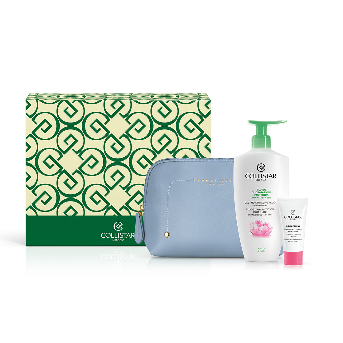 Set Collistar: Special Perfect Body - Deep Moisturizing Fluid, Italian Peony Extract, Hydrating, Day, Body Lotion, 400 ml + Idro-Attiva+, Deep Moisturizing, Gel Cream, Face, 25 ml + The Bridge, GWP Textile Pouch, Blue