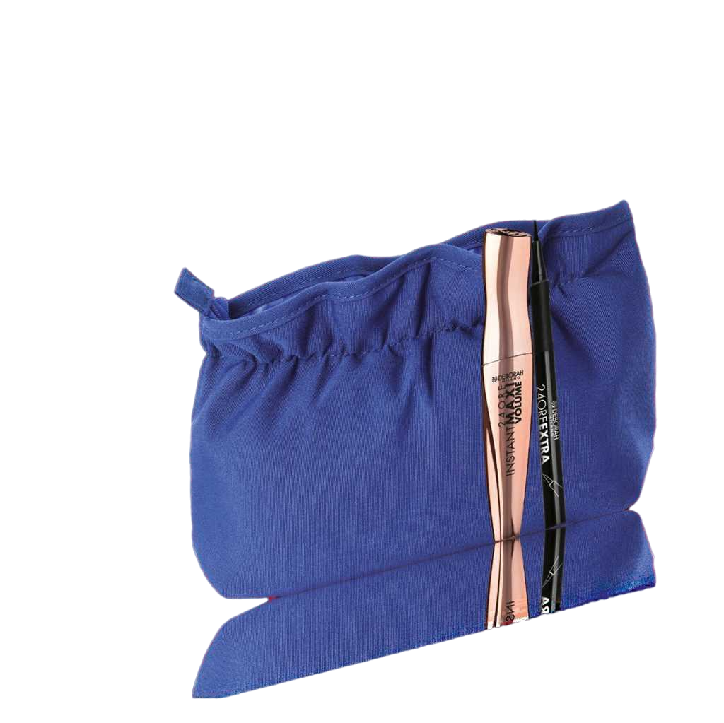 Set Deborah: Instant Maxi Volume, Volumen-Mascara, Schwarz, 11 ml + 24 Ore Extra, Gel-Eyeliner-Stift, Schwarz, 1,5 g + Make-up-Tasche aus Stoff, Blau