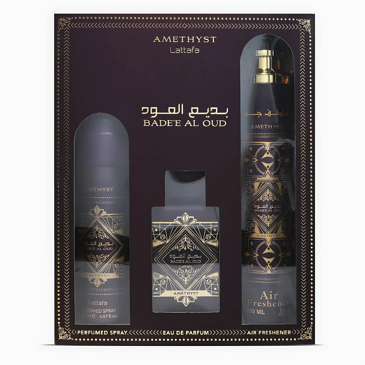 Lattafa Set: Bade'e al Oud Amethyst, Eau de Parfum, für Herren, 100 ml + Bade'e al Oud Amethyst, Bodyspray, 200 ml + Bade'e al Oud Amethyst, Raumspray, 300 ml