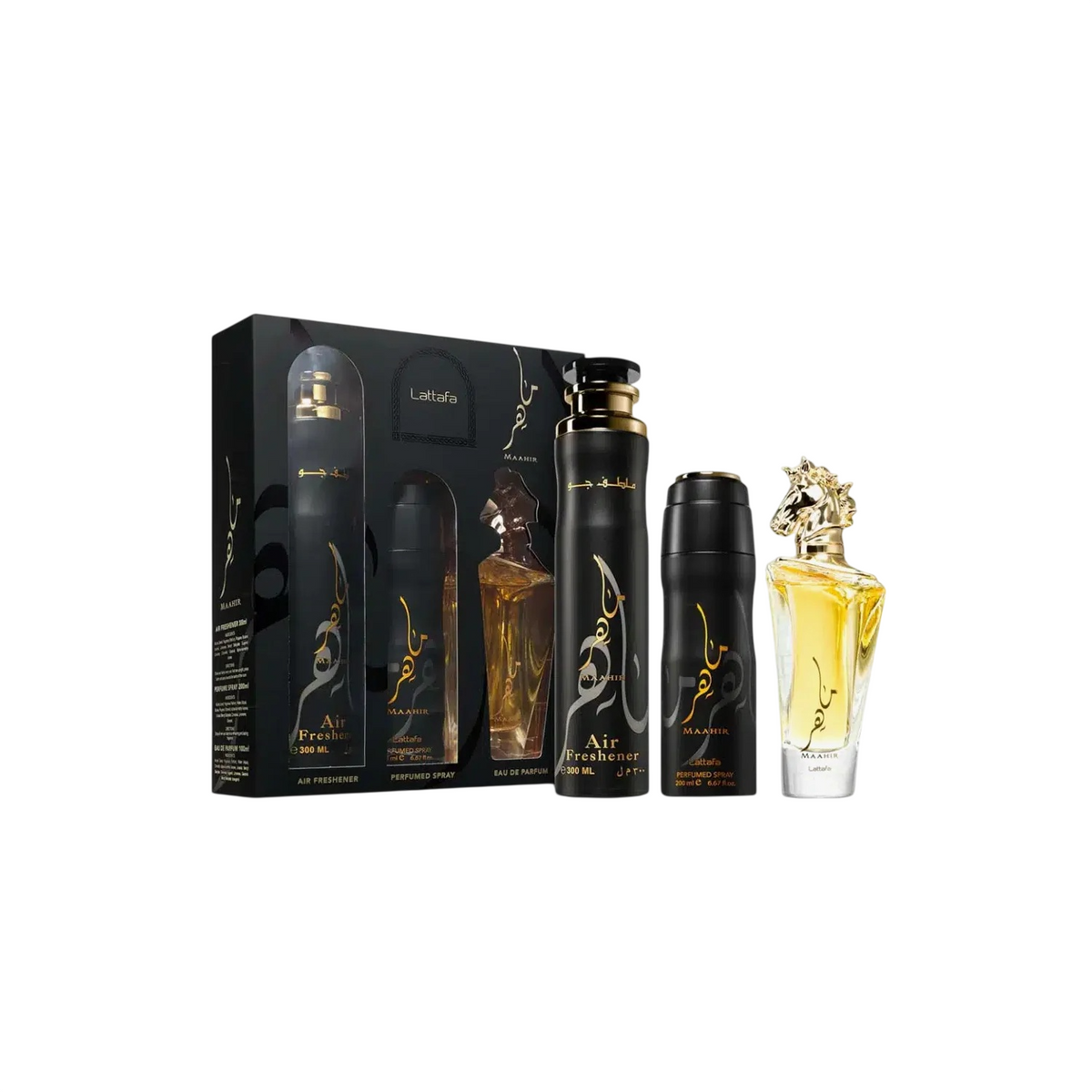 Lattafa Set: Maahir, Eau de Parfum, Unisex, 100 ml + Maahir, Duftspray, Unisex, 200 ml + Maahir, Raumspray, 300 ml