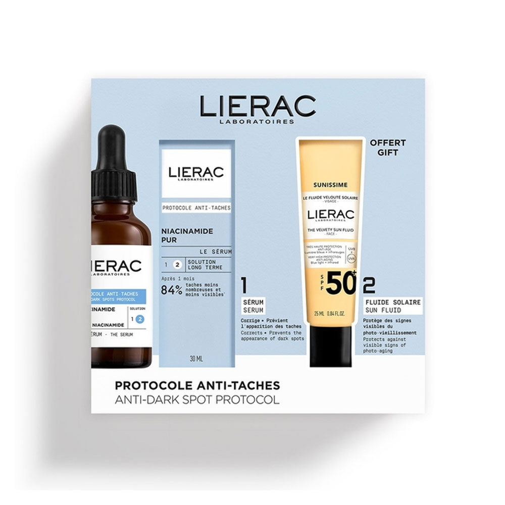 Lierac Set: Protocole, Anti-Pigmentflecken, Serum, für das Gesicht, 30 ml + Sunissime The Sun Samtiges Fluid, für das Gesicht, LSF 50+, 25 ml