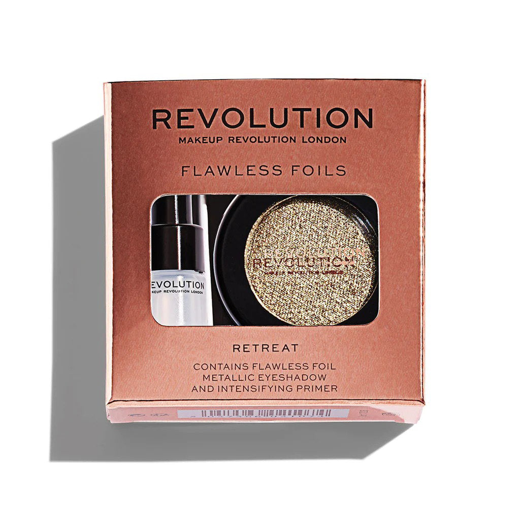 Set Makeup Revolution: Flawless Foils, vegan, Lidschatten-Primer, 2 ml + Flawless Foils, vegan, Lidschatten-Palette, Retreat, 2 g