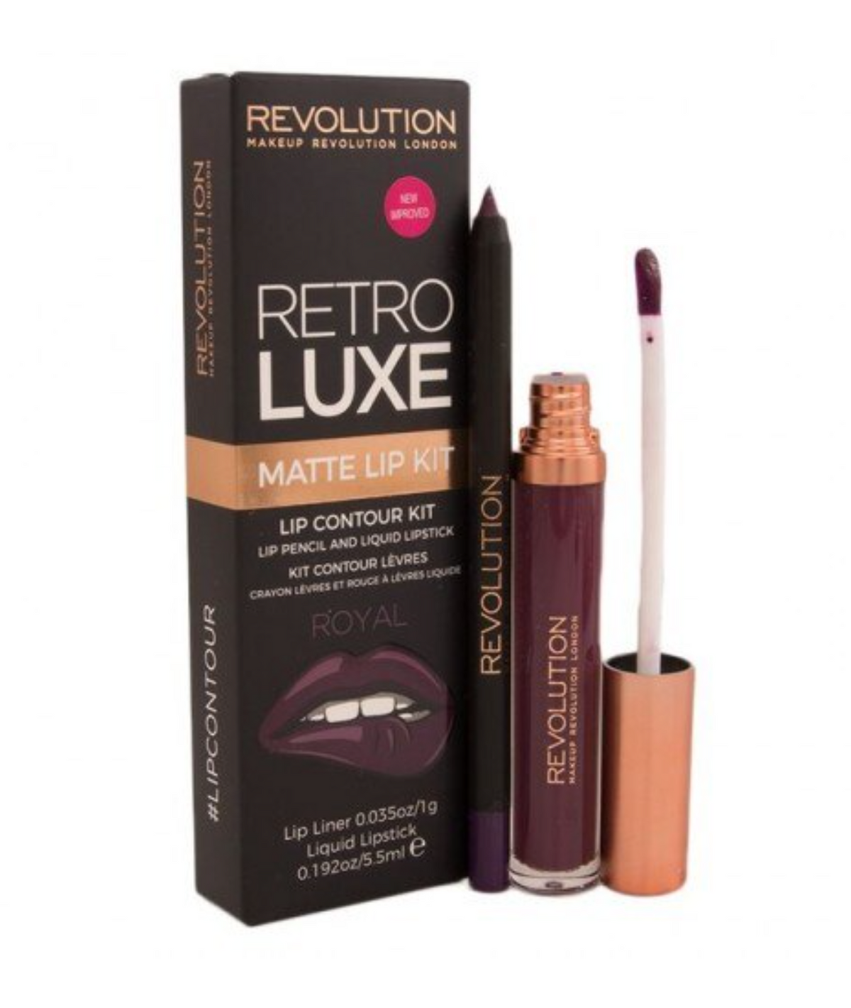 Set Makeup Revolution: Retro Luxe, Matte, Liquid Lipstick, Royal, 5.5 ml + Retro Luxe, Lip Liner, Royal, 1 g