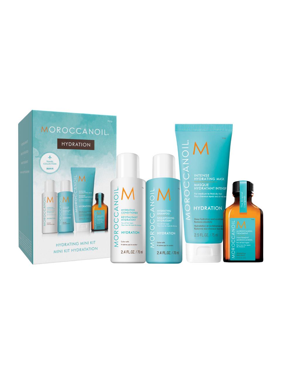 Moroccanoil-Set: Hydration, Haar-Behandlungs-Creme-Maske, 75 ml + Hydration, Haaröl-Behandlung, feuchtigkeitsspendend, 25 ml + Hydration, Haarspülung, für Feuchtigkeit, 70 ml + Hydration, parabenfrei, Haarshampoo, Feuchtigkeit und Glanz, 70 ml