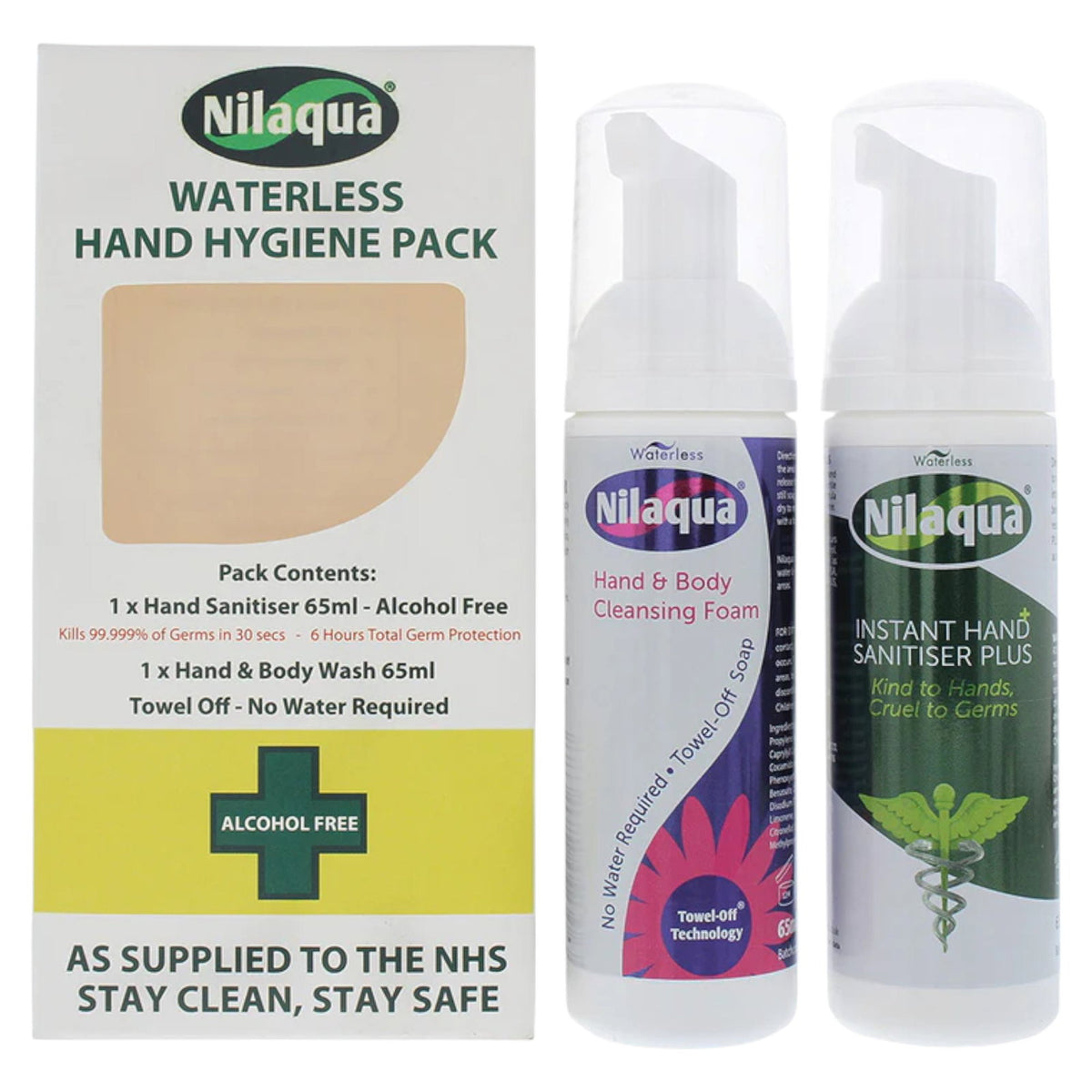 Nilaqua-Set: Wasserloses Reinigungsgel für die Hände, 65 ml + Wasserloser Reinigungsschaum für Hände & Körper, 65 ml