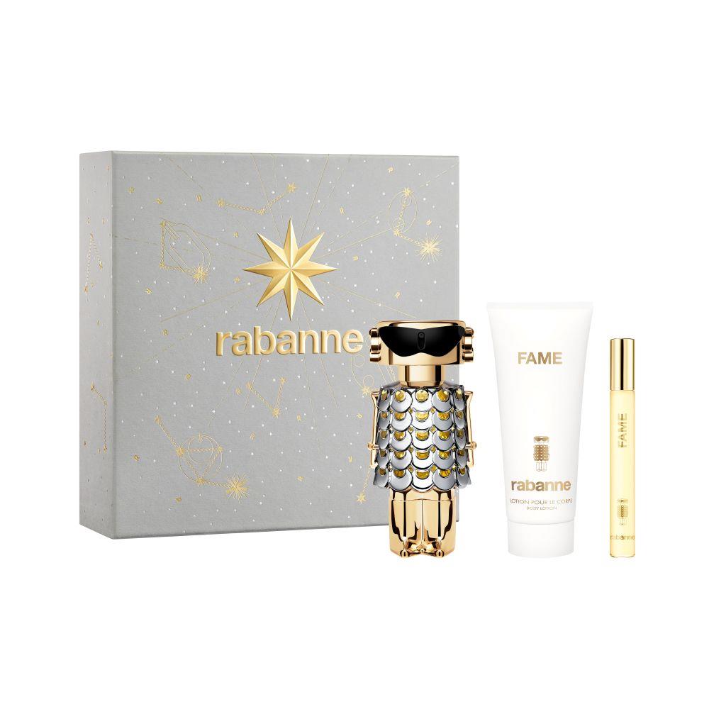 Set Paco Rabanne: Fame, Eau de Parfum, für Damen, 80 ml + Fame, Eau de Parfum, für Damen, 10 ml + Fame, feuchtigkeitsspendende Bodylotion, 100 ml