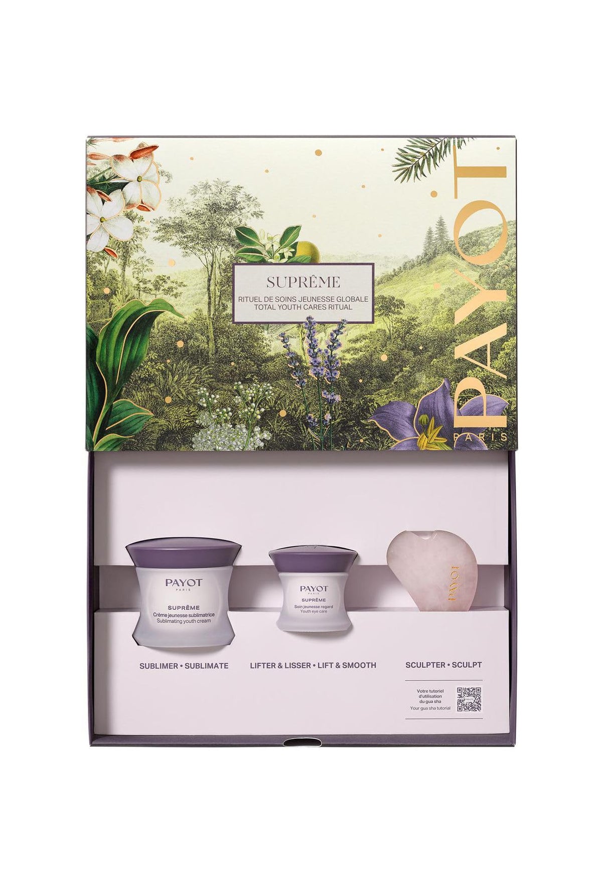 Set Payot: Supreme Sublimating, Anti-Aging, Tagescreme, für das Gesicht, 50 ml + Supreme Sublimating, verschönernde Augencreme, 15 ml + Gua Sha, hellrosa, Lifting-Gesichtsmassagestein