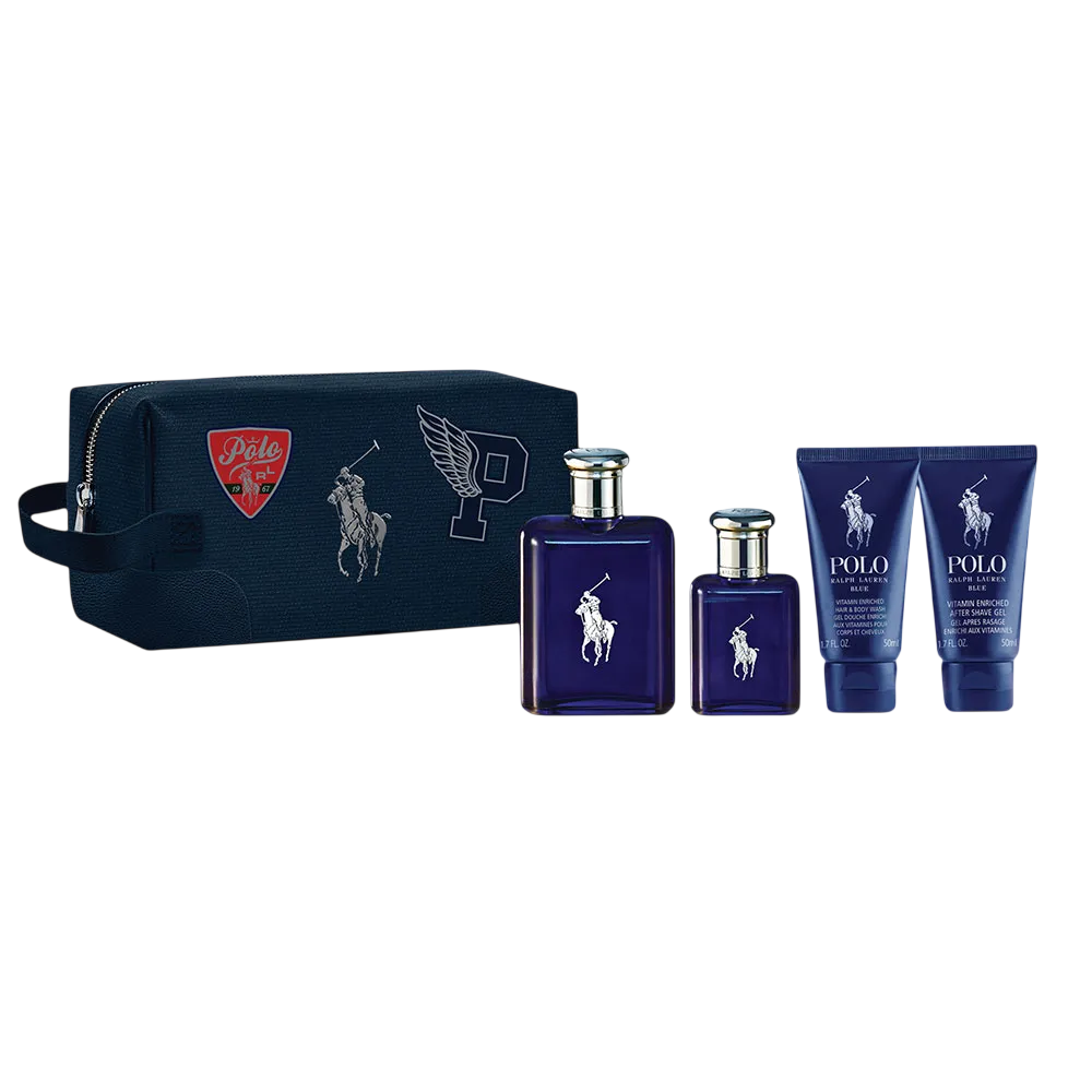 Ralph Lauren Set: Polo Blue, Eau de Toilette, für Herren, 125 ml + Polo Blue, Eau de Toilette, für Herren, 40 ml + Polo Blue, 2-in-1 Duschgel & Shampoo, 50 ml + Polo Blue, feuchtigkeitsspendender After-Shave-Balsam, 50 ml