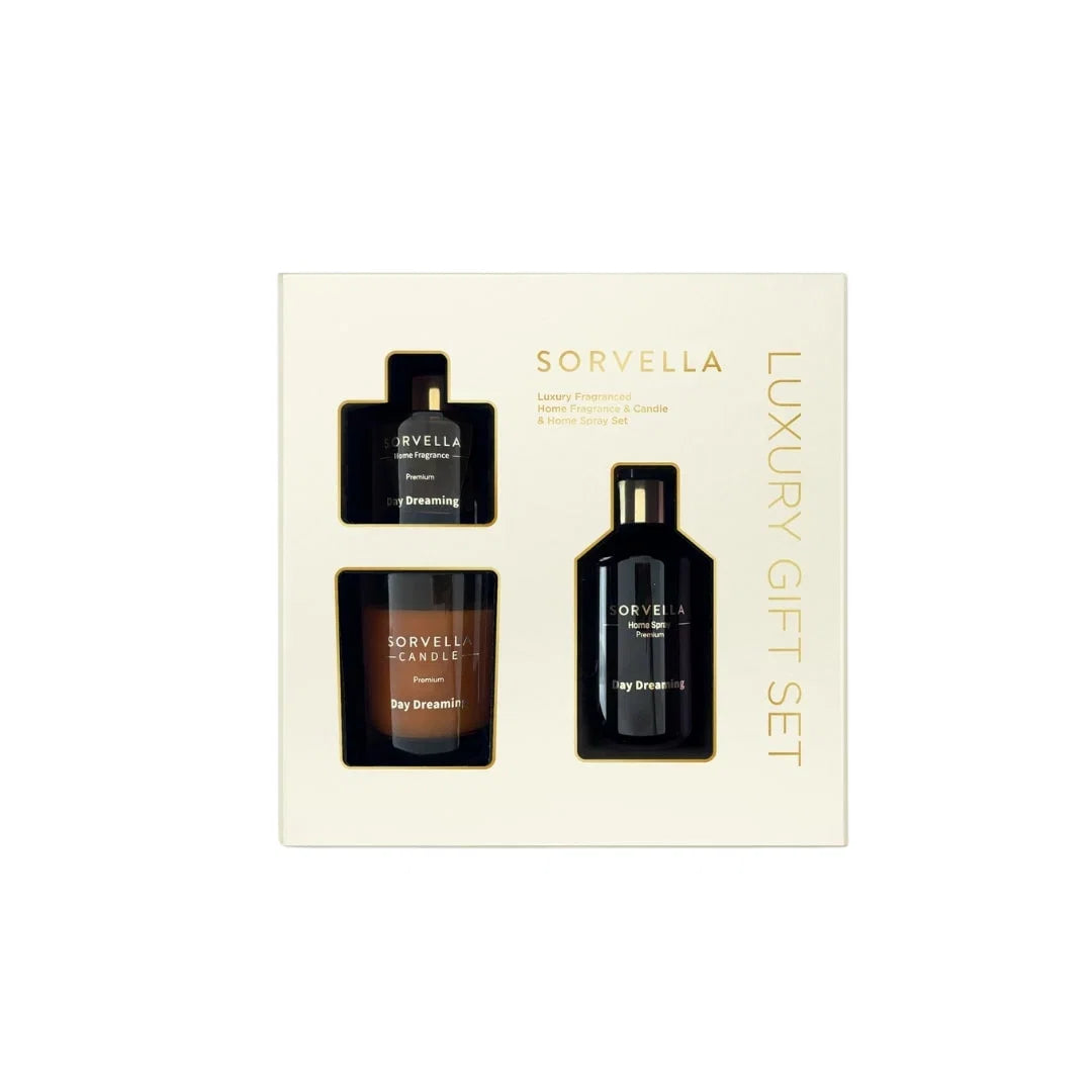 Sorvella Set: Day Dreaming, Zitrus, Duftkerze, 170 g + Day Dreaming, Zitrus, Raumspray, 250 ml + Day Dreaming, Duftstäbchen, Aroma-Diffusor, 120 ml
