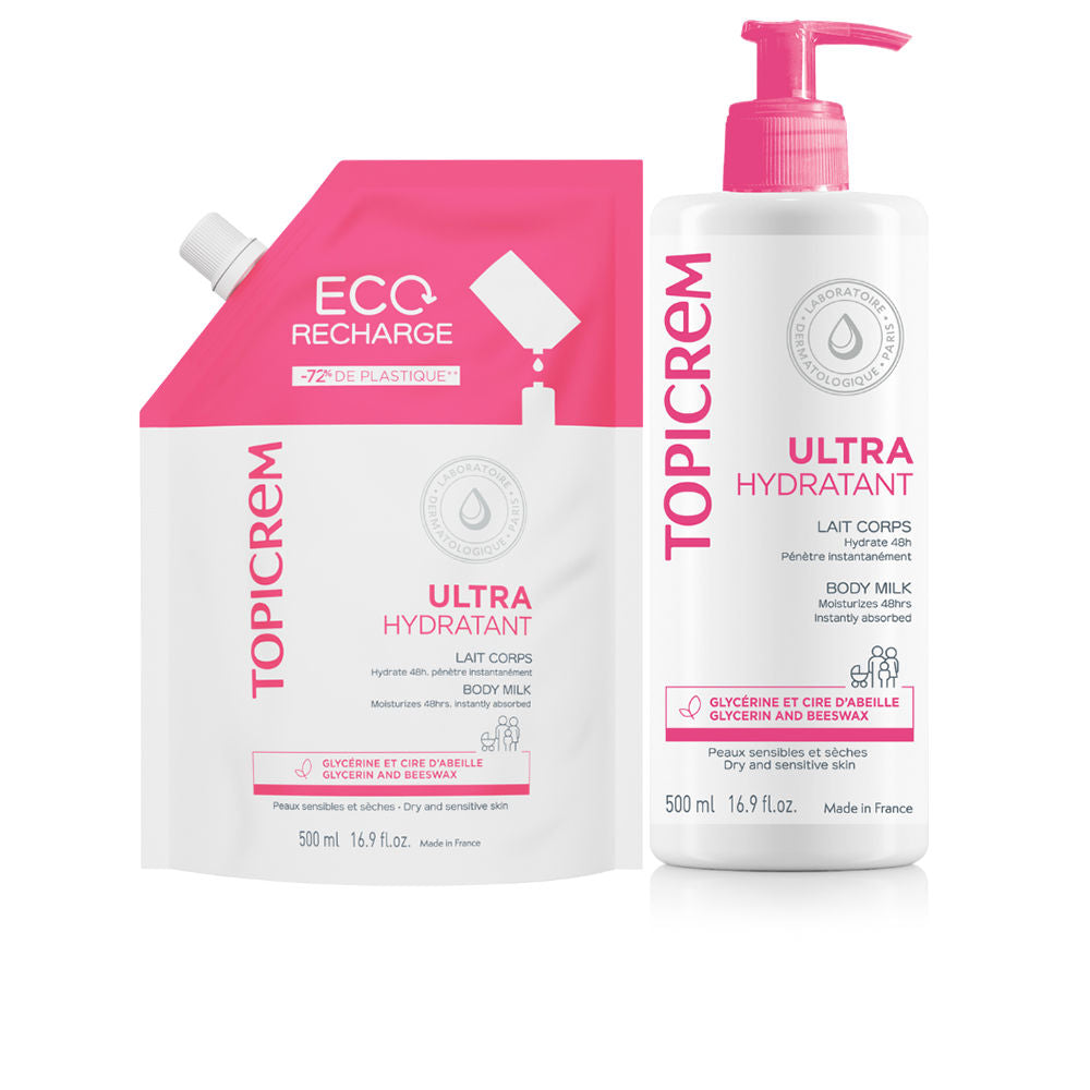 Set Topicrem: Ultra-Feuchtigkeitsspendende Körpermilch, nachfüllbar, 500 ml + Ultra-Feuchtigkeitsspendende Körpermilch, Nachfüllpackung, 500 ml