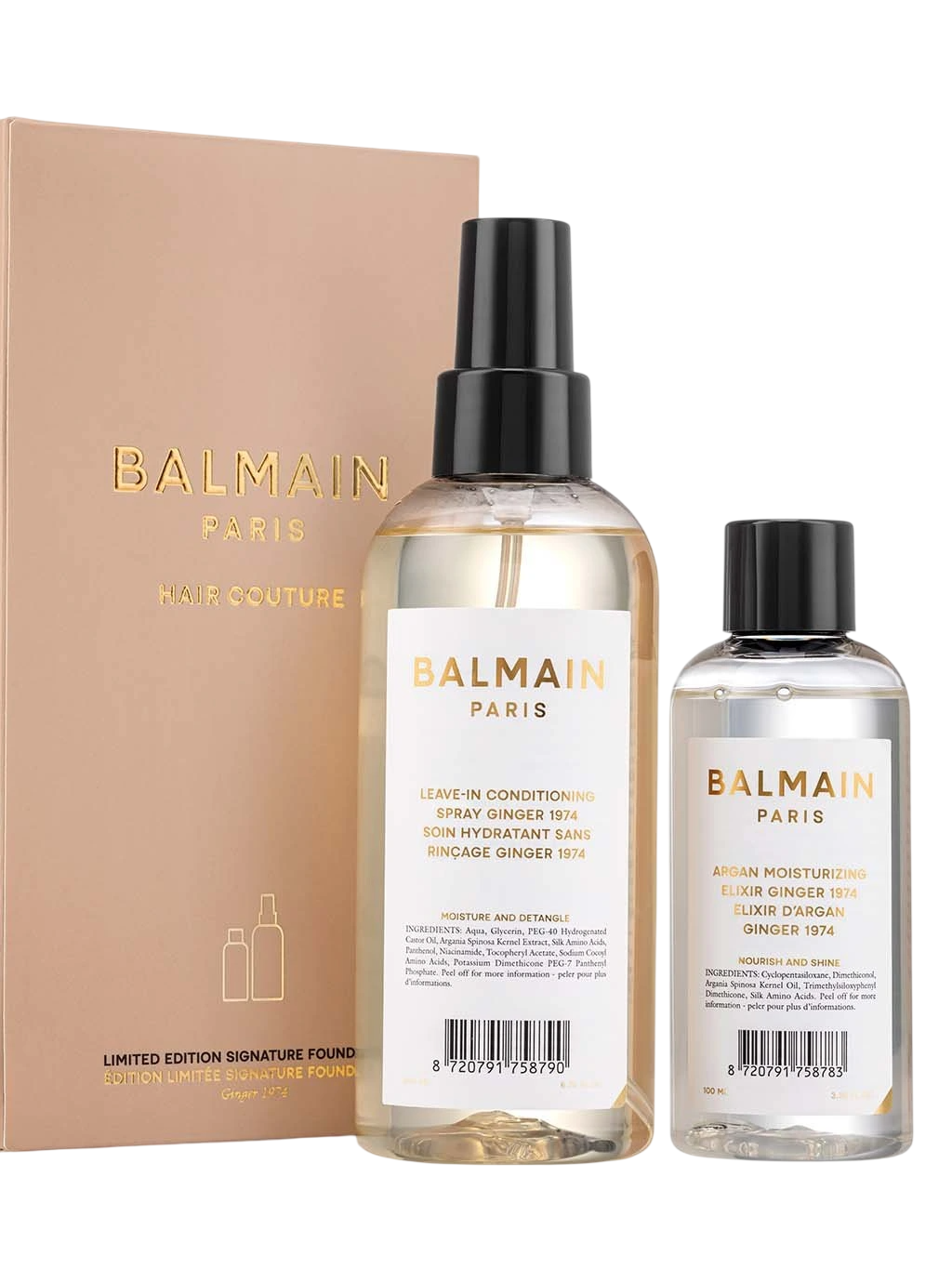 Balmain Professionnel Signature Foundation Ginger Set: Argan Moisturising Elixir, Haaröl, pflegend, 100 ml + Balmain Professionnel, Arganöl, Leave-in-Haarspülung, für Feuchtigkeit, Entwirrung & Glanz, 200 ml