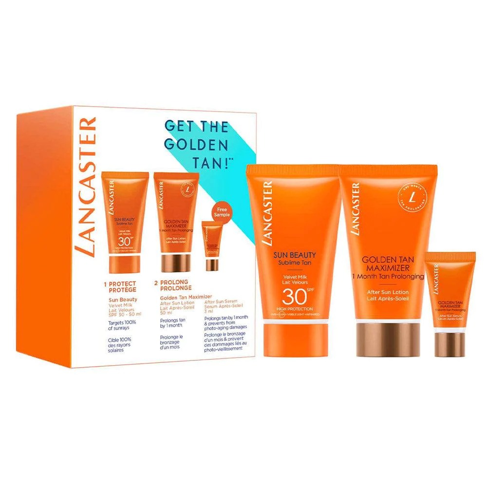 Holen Sie sich die perfekte Bräune! Lancaster-Set: Golden Tan Maximizer, Buriti-Öl, Anti-Falten, After-Sun-Serum, 3 ml + Golden Tan Maximizer, feuchtigkeitsspendende & beruhigende After-Sun-Lotion, 15 ml + Sun Beauty, UV-Schutz, Sonnencreme, LSF 30, 15 ml