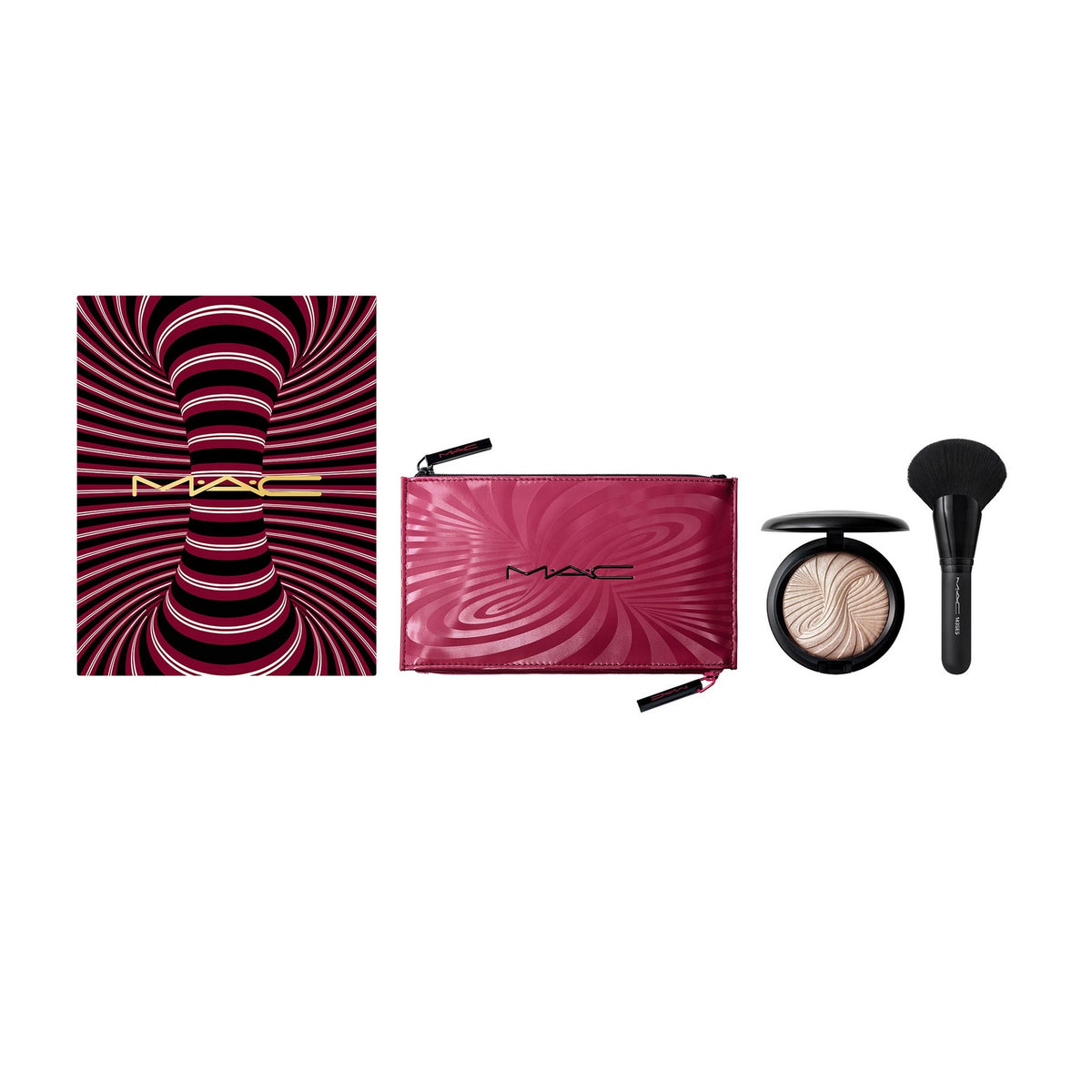 Trick Of The Light Extra Dimension Skinfinish Kit Set von MAC: Textil-Kosmetiktäschchen, Burgunderrot + MAC, Multi Face Brush, 143S + Extra Dimension Skinfinish, Highlighter-Puder, Magnetic Attraction, 9 g