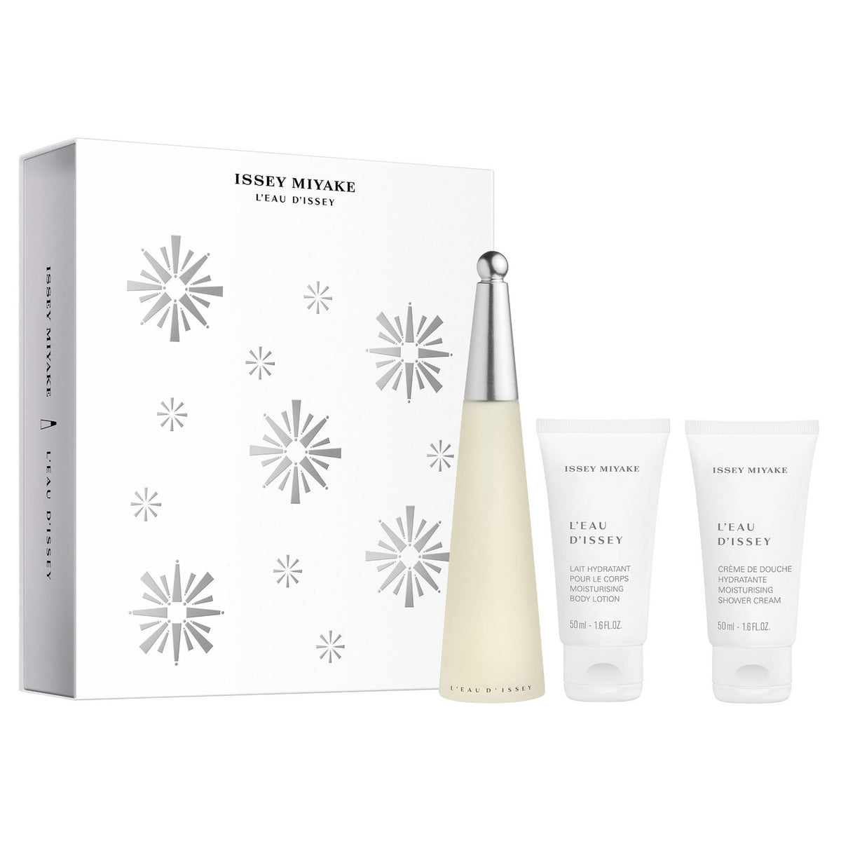 Weihnachtsset 2023 Issey Miyake: L'Eau d'Issey, Eau de Toilette, für Damen, 50 ml + L'Eau d'Issey, feuchtigkeitsspendende Bodylotion, 50 ml + L'Eau d'Issey, hydratisierende Duschcreme, 50 ml