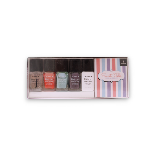 Sweet Talk Set Jessica: Phenom Vivid Colour, Nail Polish, PHEN-079, U Had Me At Hello, 14 ml + Phenom Vivid Colour, Nail Polish, PHEN-080, Smooth Talker, 14 ml + Phenom Vivid Colour, Top Coat, Nail Polish, PHEN-000, Finale Shine, 15 ml + Phenom Vivid Colo