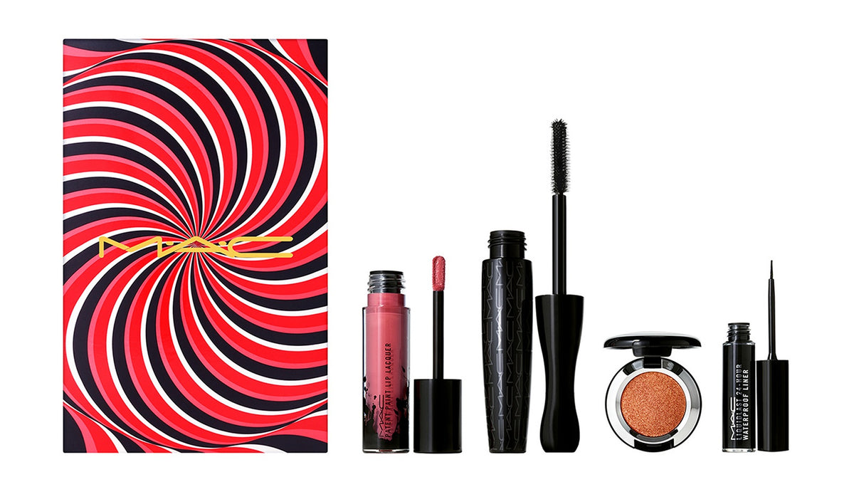 Ace Your Face Look In A Box Neutral Eyes And Lips Set MAC: Patent Paint, Lacquer, Liquid Lipstick, 3.8 ml + In Extreme Dimension 3D, Volumizing, Mascara, Black, 13 g + Liquidlast 24 Hour, Waterproof, Defining, Long Lasting, Liquid Eyeliner, Black, 2.5 ml