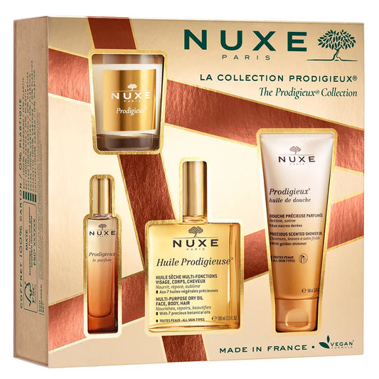 Collection Set Nuxe: Prodigieux Le Parfum, Eau De Parfum, For Women, 15 ml + Prodigieux, Shower Oil, All Over The Body, For All Skin Types, 100 ml + Huile Prodigieuse Or Multi-Purpose, Body Oil, For Face, Body & Hair, 100 ml + Prodigieux, Scented Candle,