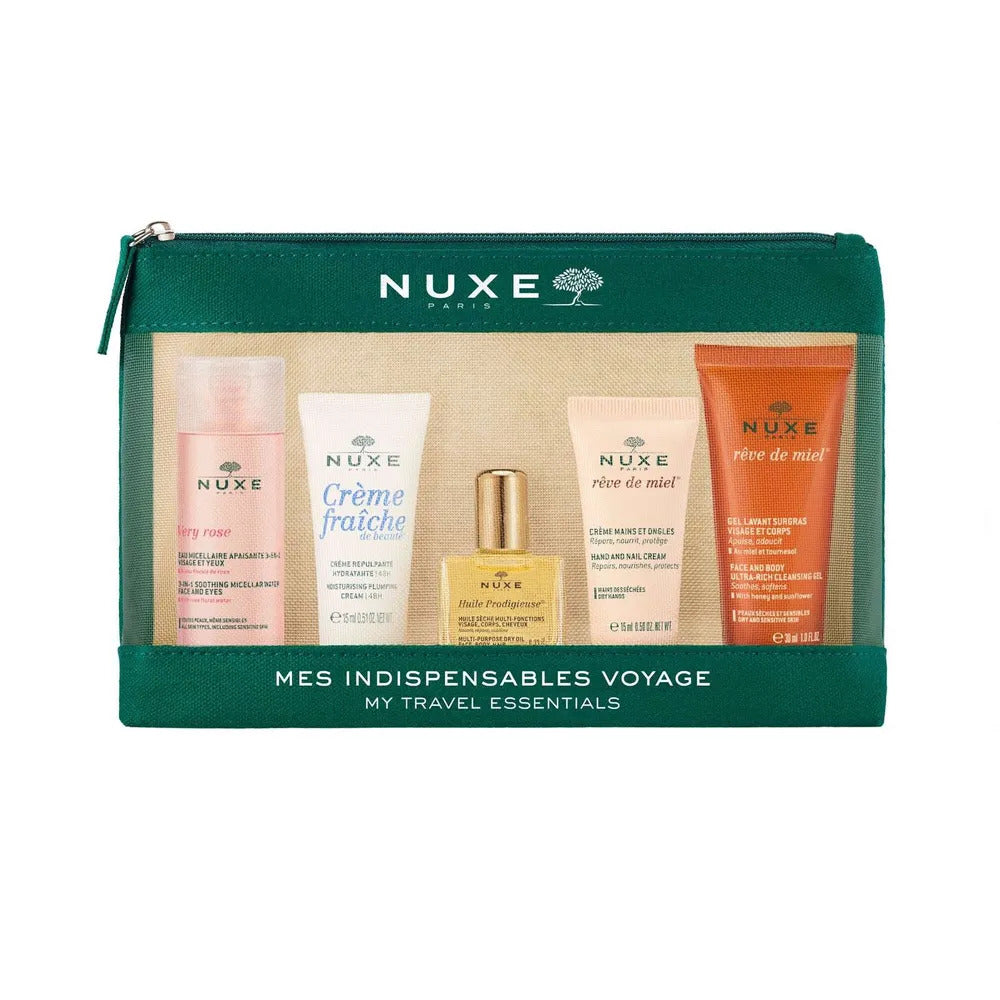 Travel Kit Institutional 2023 Set Nuxe: Very Rose, Micellar Water, For Sensitive Skin, 50 ml + Creme Fraiche de Beaute, Moisturizing, Cream, For Face, 15 ml + Huile Prodigieuse Rich Multi-Purpose, Body Oil, For Face, Body & Hair, 10 ml *Miniature + Reve d
