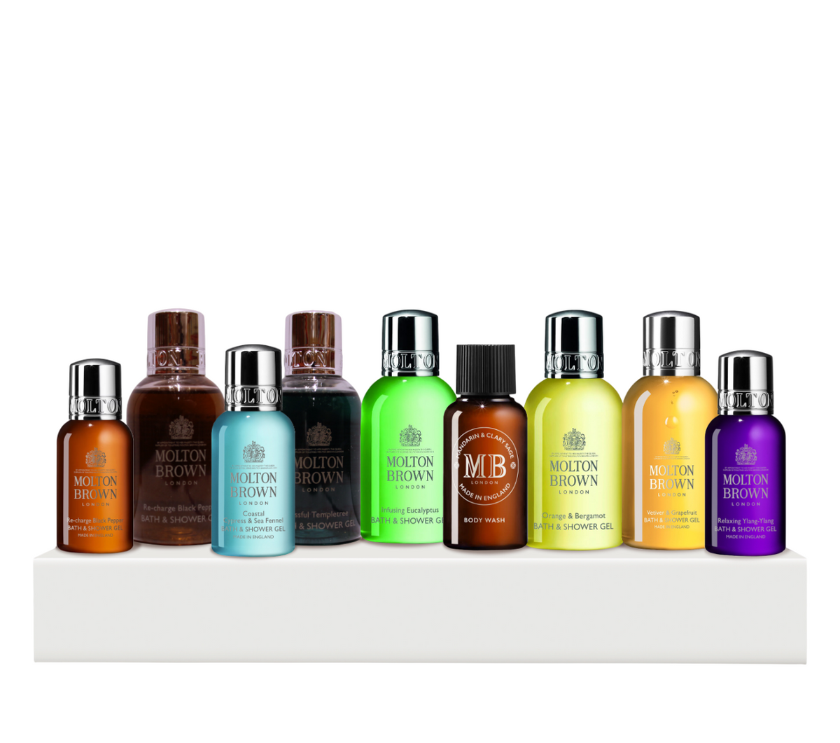 Iconic Collection – Signature Scents Discovery Set von Molton Brown: Black Pepper Duschgel, 30 ml + Black Peppercorn Duschgel, 50 ml + Blissful Templetree Nourishing Duschgel, 50 ml + Coastal Cypress & Sea Fennel Duschgel, 30 ml + Eucalyptus Duschg