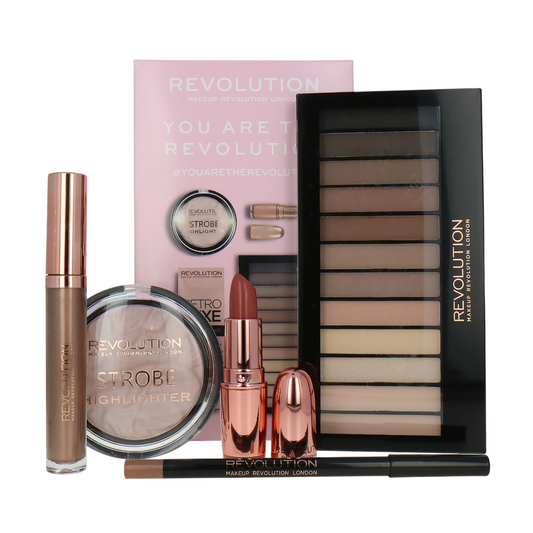 Set Makeup Revolution: Redemption, Eyeshadow Palette, 12 Shades + Strobe, Highlighting, Highlighter Cream, Moon Glow Lights, 7.5 g + Makeup Revolution, Liquid Lipstick, 5.5 ml + Lasting Kiss, Cream Lipstick, Chauffeur Nude, 3.2 g + Makeup Revolution, Prec