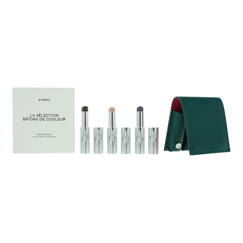 Deep Teal Set Byredo: Colour Stick, Multifunctional, Eyeshadow Stick, 509, Solar Flare, 3.5 g + Colour Stick, Multifunctional, Eyeshadow Stick, Kumato Face, 3.5 g + Colour Stick, Multifunctional, Eyeshadow Stick, Flower Play, 3.5 g + Byredo, GWP Leather P