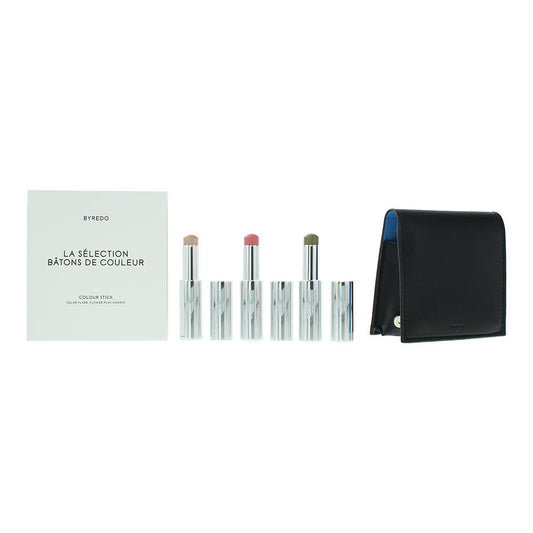 Blue Set Byredo: Colour Stick, Multifunktional, Lidschattenstift, 509, Solar Flare, 3,5 g + Colour Stick, Multifunktional, Lidschattenstift, Kumato Face, 3,5 g + Colour Stick, Multifunktional, Lidschattenstift, Flower Play, 3,5 g + Byredo, GWP Ledertasche