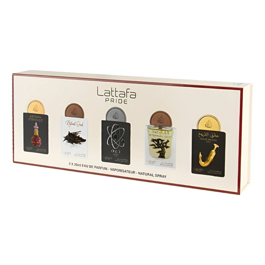 Lattafa-Set: Artisan Ethnique, Eau de Parfum, für Damen, 20 ml + Natural Oud, Eau de Parfum, für Damen, 20 ml + Tharwah Silver, Eau de Parfum, für Damen, 20 ml + Eternal Oud, Eau de Parfum, für Damen, 20 ml + Shuyukh Gold, Eau de Parfum, für Damen, 20 ml