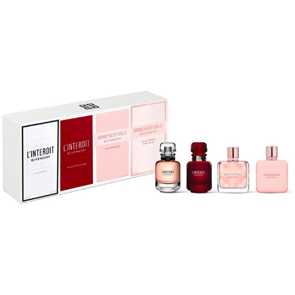Set Givenchy: L'Interdit, Eau De Parfum, For Women, 10 ml *Miniature + L' Interdit Rouge, Eau De Parfum, For Women, 10 ml *Miniature + Irresistible, Eau De Parfum, For Women, 8 ml *Miniature + Irresistible Rose Velvet, Eau De Parfum, For Women, 8 ml *Mini