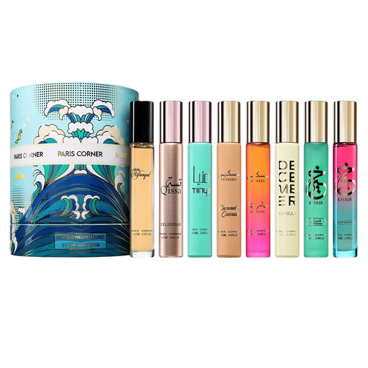 Set Paris Corner: Taskeen Marina, Eau De Parfum, Unisex, 15 ml + Taskeen Caramel Cascade, Eau De Parfum, Unisex, 15 ml + December Vanilla, Eau De Parfum, Unisex, 15 ml + Khair Confection, Eau De Parfum, Unisex, 15 ml + Khair Pistachio, Eau De Parfum, Unis