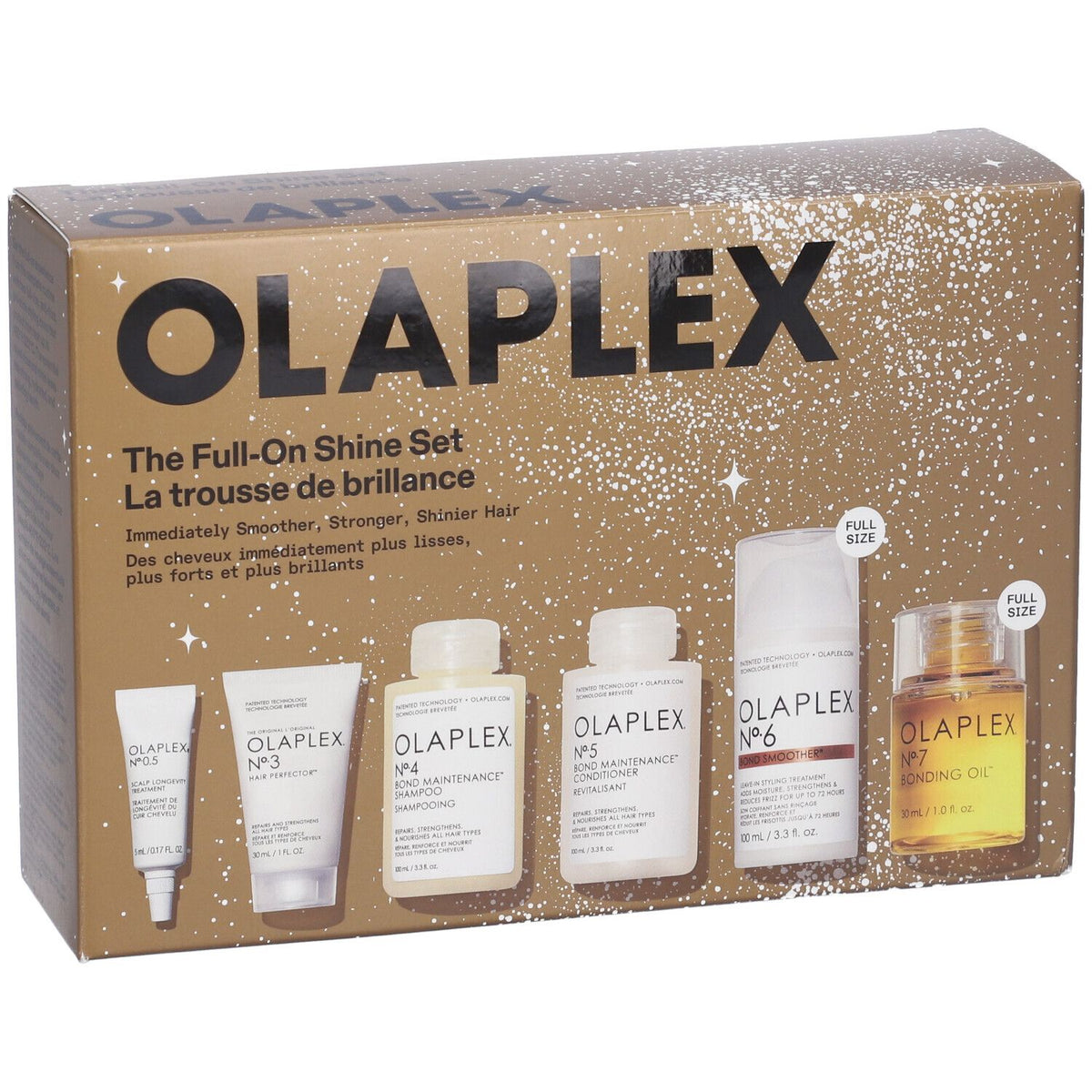 The Full-On Shine Set Olaplex: No.6 Bond Smoother, Hair Styling Cream, 100 ml + No.3 Hair Perfector, Hair Cream Treatment, For Revitalisation, 30 ml + No.4 Bond Maintenance, Hair Shampoo, Repairing & Strengthening, 30 ml + No. 0.5 Scalp Longevity Treatmen