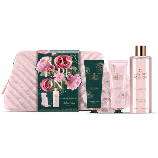 Set The Luxury Bathing Company: Velvet Rose & Peony, Cleansing & Refreshing, Shower Gel, For All Skin Types, 250 ml + Velvet Rose & Peony, Moisturizing, Hand Cream, 50 ml + The Luxury Bathing Company, Cleanse & Scrub, Body Sponge + The Luxury Bathing Comp