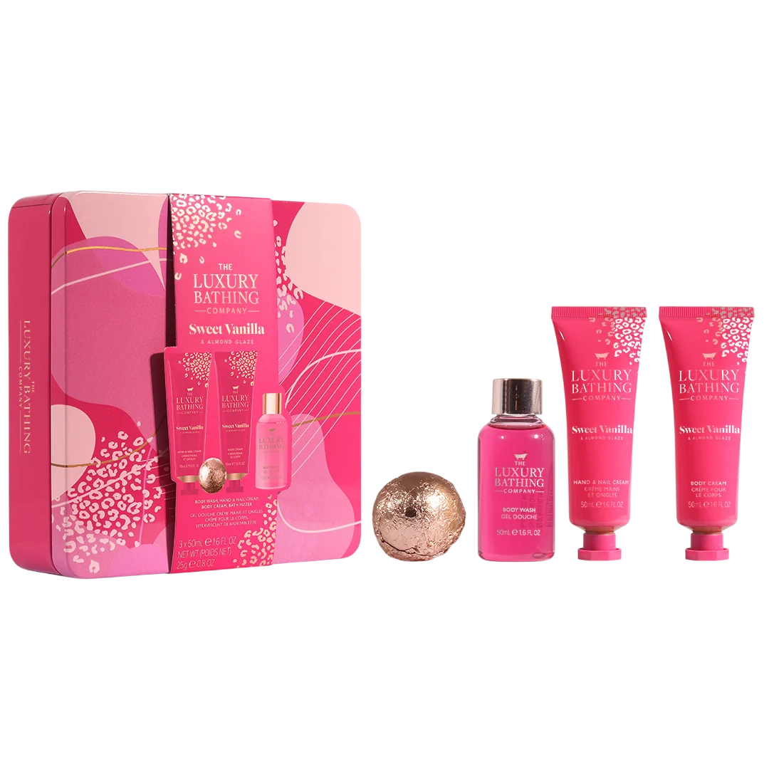 Set The Luxury Bathing Company: Sweet Vanilla & Almond Glaze, Cleansing & Refreshing, Shower Gel, For All Skin Types, 50 ml + Sweet Vanilla & Almond Glaze, Bath Bomb, 25 g + Sweet Vanilla & Almond Glaze, Hydrating & Softening, Body Cream, Daily, 50 ml + S