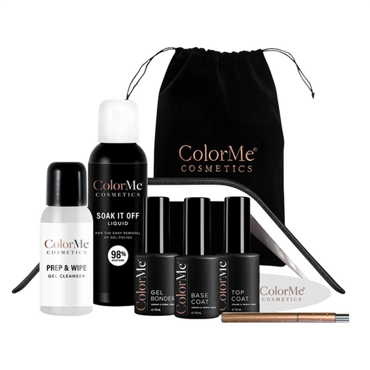 Set ColorMe Cosmetics: ColorMe, Gel, semipermanenter Nagellack, 10 ml + ColorMe, Unterlack, semipermanenter Nagellack, 10 ml + ColorMe, Überlack, semipermanenter Nagellack, 10 ml + Prep & Wipe, Nagellackentferner, 50 ml + Soak It Off, Nagellackentferner