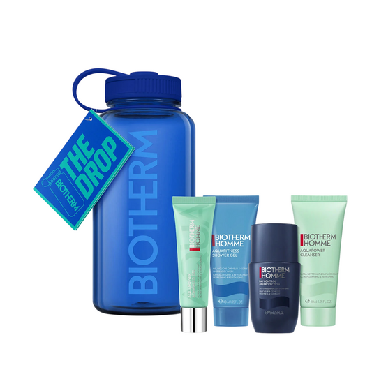Set Biotherm: Aquafitness, Shower Gel, 40 ml + Day Control, 72h Protection, Deodorant Roll-On, For Men, 75 ml + Aquapower, Eliminates Impurities, Cleansing Gel, For Face, 40 ml + Aquapower, Hydrating, Daily, Gel, For Face, 30 ml + Biotherm, Water Bottle,