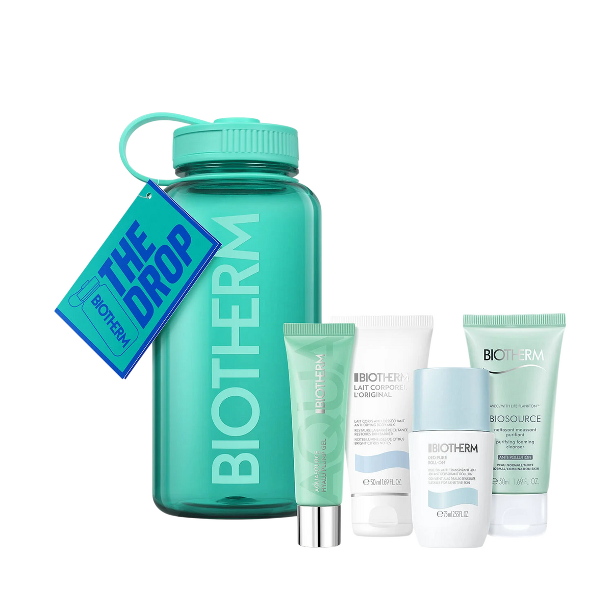 Set Biotherm: Biosource, Eliminates Impurities, Cleansing Foam, 50 ml + Deo Pure, 72h Protection, Deodorant Roll-On, For Women, 75 ml + Aquasource Hyalu Plump, Moisturizing, Daily, Gel Cream, For Face, 30 ml + Lait Corporel, Anti-Dryness, Body Milk, 50 ml